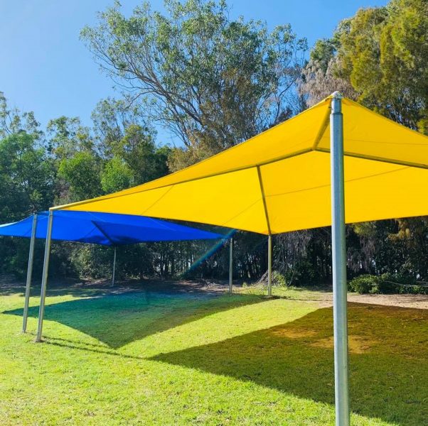 Hip and ridge style school shade structures